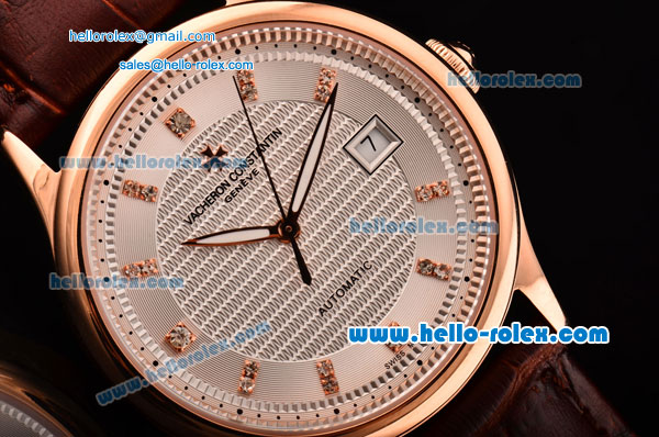Vacheron Constantin Patrimony Swiss ETA 2836 Automatic Rose Gold Case Brown Leather Strap with White Dial Diamond Markers - Click Image to Close